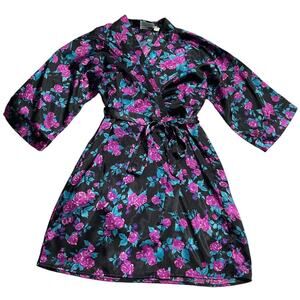 VTG Intimate Moments Robe Floral Waist Tie Short Silky Womens One Size Black